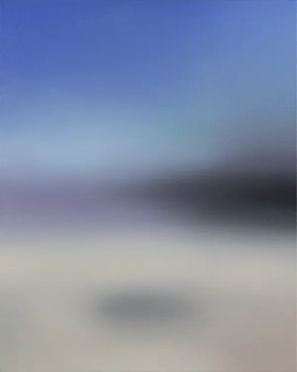 A quite blurred image, with sky-blue at the top, then a big white and black stripe and clear brow, like the colour of the beach at the bottom, with some black form at the bottom centre.